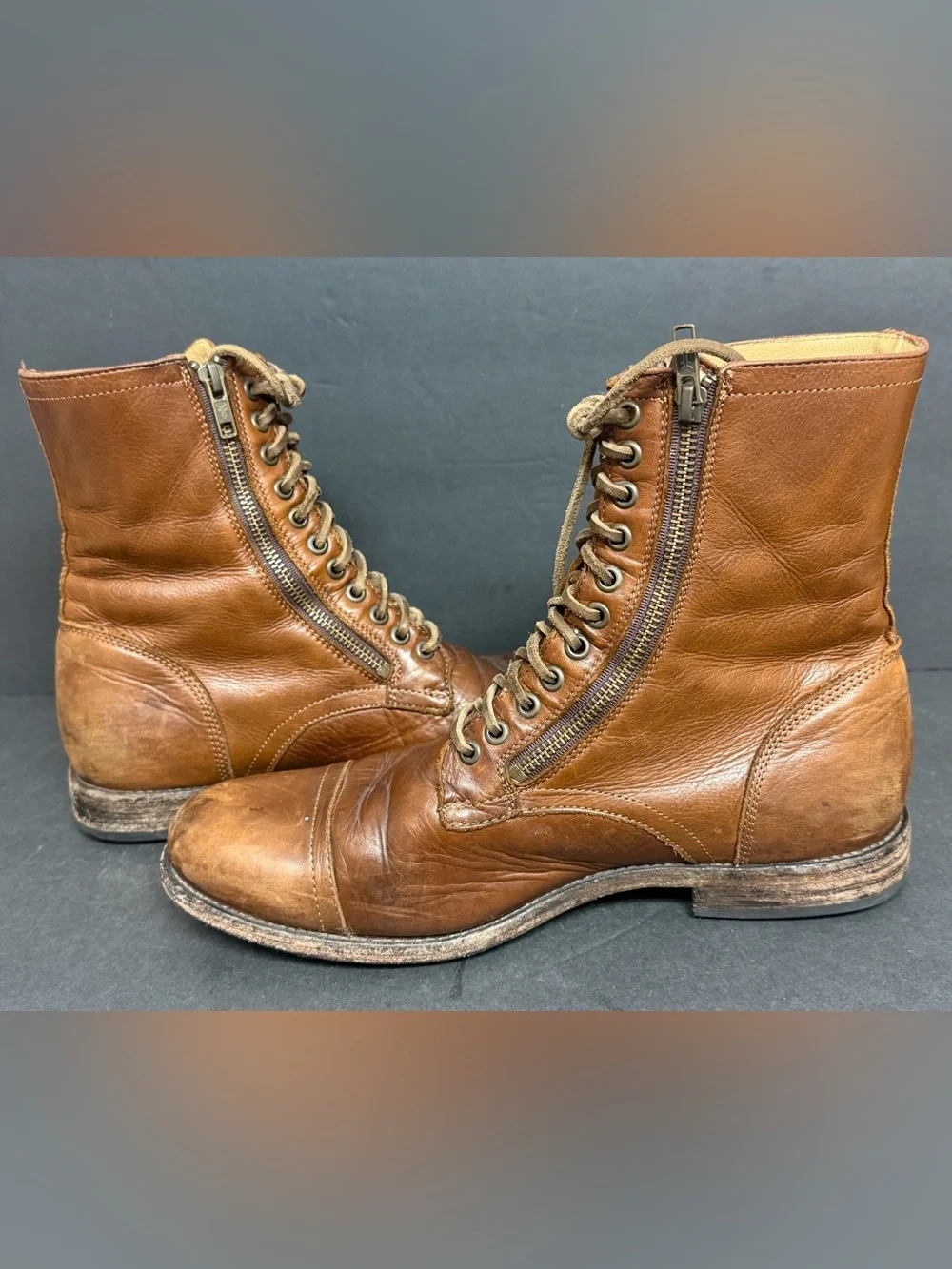 Frye Tyler Mens Size 10.5 D Double Zip Lace Up Brown Leather Boots